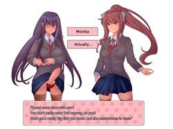 2futas blank_background blush blushing breasts corablue ddlc_text_box doki_doki_literature_club embarrassed futanari green_eyes hairbow intersex long_hair looking_at_viewer looking_at_you monika_(doki_doki_literature_club) penis penis_in_panties penis_under_skirt ponytail purple_eyes purple_hair smile smiling standing thigh_highs thighhighs yuri_(doki_doki_literature_club)