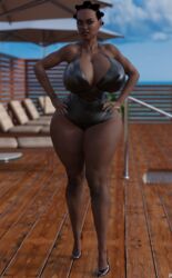 1girls 3d bare_shoulders big_breasts black_hair brown_eyes busty cleavage curvy dark-skinned_female dark_skin day detailed_background ear_piercing earrings eyelashes female female_only front_view hand_on_hip hands_on_hip hands_on_hips high_heels hourglass_figure human indie_(xskullheadx) looking_at_viewer makeup nail_polish one-piece_swimsuit outdoor outside pose posing shiny shiny_skin short_hair solo swimsuit tied_hair voluptuous wide_hips xskullheadx