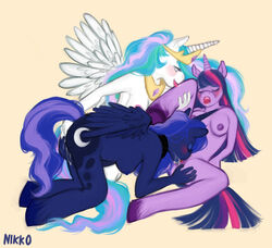 2013 anthro anthrofied blush breasts closed_eyes crown cunnilingus cutie_mark equine feathered_wings feathers female fetlocks friendship_is_magic fur group hair horn incest long_hair mammal multicolored_hair my_little_pony nikko nipples oral princess_celestia_(mlp) princess_luna_(mlp) purple_fur purple_hair pussy pussy_juice sex sibling sisters twilight_sparkle_(mlp) two_tone_hair unicorn vaginal_penetration wings yuri