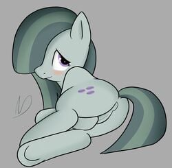 2015 anus ass blush cutie_mark earth_pony equine female feral friendship_is_magic fur grey_background grey_fur grey_hair hair hi_res horse looking_at_viewer looking_back mammal marble_pie_(mlp) my_little_pony neighday pony purple_eyes pussy simple_background solo