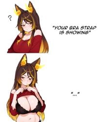 1girls artist_request big_breasts bra bra_strap bra_strap_is_showing_(meme) breasts brown_hair closed_mouth clothed clothed_female clothing color dialogue english_text female female_focus female_only flashing flashing_bra light_skin looking_at_viewer looking_away meme multicolored_hair orange_hair pouting simple_background sinder_(vtuber) text twitter_link virtual_youtuber vtuber white_background