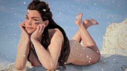 1girls aloy alternate_hair_color bare_breasts bare_nipples breasts brunette brunette_female female female_only game_screenshot green_eyes horizon_forbidden_west horizon_zero_dawn laying_down laying_on_stomach looking_at_viewer medium_breasts necklace nude_female nude_mod smiling smiling_at_viewer snow tribal_markings winter