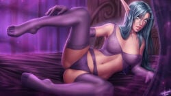 1girls 2016 2d alternate_version_available big_breasts blizzard_entertainment blue_hair bra breasts detailed_background elbow_gloves elf elf_ears female female_only gloves hi_res highres indoors leg_up light-skinned_female light_skin lingerie long_hair looking_at_viewer lying lying_on_side medium_breasts night_elf panties parted_lips personalami pointy_ears purple_bra purple_legwear purple_panties purple_stockings purple_thighhighs slim solo spread_legs thighhighs warcraft world_of_warcraft
