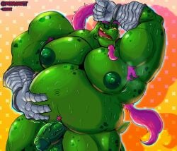 anthro armpit armpit_hair balls bara barazoku boner deltarune erection facial_hair gerson_boom gerson_boom_(deltarune) green_body green_skin magenta_hair male male_only musclegut muscles muscular musk nude penis purple_hair santiagomt scalie solo solo_male sweat sweating turtle undertale