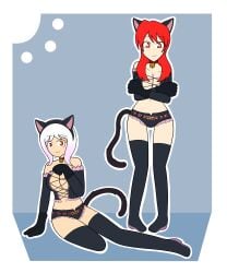2girls big_breasts cat_ears cat_tail catsuit cosplay covering_breasts dest_(destinya) elia_(yazu) embarrassed lavender_hair mrwings red_hair white_hair