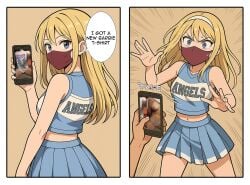1boy 1girls ai_generated ai_slop alexbreecooper blonde_hair blue_eyes boobs breasts cellphone clothing disembodied_hand eyelashes mask masked_female real_person text