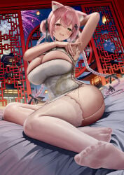 1girl absurdres aerial_fireworks animal_ear_fluff animal_ears arm_behind_head armor armpits bed bed_sheet bedroom black_ribbon bow braid breasts cat_ears china_dress chinese_clothes cleavage commentary_request commission cross-laced_clothes cross-laced_dress crossed_bangs cum cum_on_armpits cum_on_body double_bun dress fireworks garter_belt garter_straps green_eyes hair_between_eyes hair_bow hair_bun hair_ribbon heterochromia highres huge_breasts indoors long_hair looking_at_viewer on_bed open_mouth original partial_commentary pink_hair presenting_own_armpit red_eyes ribbon skeb_commission smile soles solo thighhighs thighs twin_braids very_long_hair white_garter_straps white_thighhighs ya_ta