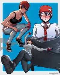 2026 beanie big_breasts blush bra gloves izumo_fuuko jeans long_hair redrollerball squatting undead_unluck
