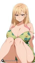 1girl :t ai_generated artist_name ass bangs bare_shoulders blonde_hair blush breasts brown_eyes cameltoe cleavage closed_mouth collarbone covered_nipples dress ear_piercing earrings floral_print gradient_hair green_dress gyaru jewelry kitagawa_marin large_breasts long_hair looking_at_viewer marin_kitagawa multicolored_hair my_dress_up_darling nipples panties patreon piercing pink_hair pout questionable see-through senpai_pixels simple_background sitting solo sono_bisque_doll_wa_koi_wo_suru spaghetti_strap strap_slip thighs underwear white_background