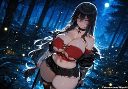 1girl ai_assisted ai_generated bamboo bandaged_arm bandages bangs bare_shoulders black_hair black_legwear black_shorts blush breasts choker cleavage closed_mouth collarbone crossed_bangs curvaceous curvy curvy_female curvy_figure eyebrows_visible_through_hair female forest full_moon fur_trim hair_between_eyes huge_breasts long_hair looking_at_viewer miyuai moon moonlight nature navel night night_sky outdoors shiny_skin short_shorts shorts sky smile solo tales_of_vesperia thick thick_ass thick_butt thick_hips thick_legs thick_thighs thighhighs thighs torn_clothes torn_legwear tree velvet_crowe very_long_hair voluptuous voluptuous_female wide_hips wide_thighs