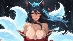 1girl ahri_(league_of_legends) ai_generated animal_ears bare_shoulders black_hair blush boobs breasts cleavage collarbone detached_sleeves facial_mark fox_ears fox_girl fox_tail hair_between_eyes heart huge_ass huge_breasts juswa korean_clothes large_ass large_breasts long_hair looking_at_viewer low_neckline multiple_tails outdoors parted_lips sensitive shiny_skin slit_pupils smile solo tail teeth thicc thick_thighs thighs tree upper_body whisker_markings yellow_eyes