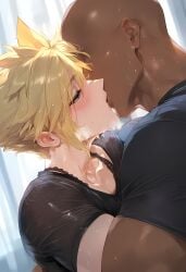 2boys ai_generated cloud_strife curvy dark-skinned_male femboy huge_ass interracial kiss kissing lace-trimmed_thighhighs otoko_no_ko panties thick_thighs trap youmuu
