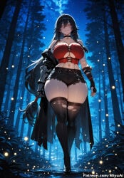 1girl ai_assisted ai_generated bandages bandaid bangs bare_shoulders belt black_footwear black_gloves black_hair black_legwear black_shorts blush boots breasts choker cleavage closed_mouth collarbone curvaceous curvy curvy_female curvy_figure female fingerless_gloves forest full_body fur_trim gloves hair_between_eyes large_breasts long_hair looking_at_viewer miyuai nature navel night night_sky outdoors short_shorts shorts skindentation sky solo standing tales_of_vesperia thick thick_ass thick_butt thick_hips thick_legs thick_thighs thighhighs torn_clothes torn_legwear torn_shorts tree velvet_crowe very_long_hair voluptuous voluptuous_female wide_hips wide_thighs
