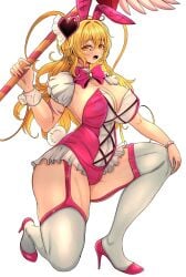 1girl 1girls 2d 2d_(artwork) animal_ears big_boobs big_breasts blonde_female blonde_hair breasts brown_eyes bunny_ears bunnysuit cleavage don_quixote_(limbus_company) female female_focus female_only front_view high_heels light-skinned_female limbus_company long_hair looking_at_viewer massive_boobs massive_breasts open_mouth project_moon queen_of_hatred_(cosplay) rabbit_ears sideboob skimpy skimpy_clothes skirt solo solo_female tagme tail thick_thighs thighs wand yellow_hair