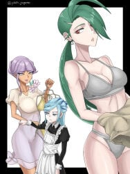 bra earrings grusha_(pokemon) miriam_(pokemon) plain_background pokemon rika_(pokemon) tagme tagme_(artist) undressing