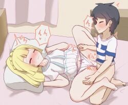 1boy 1girls blonde_hair blush clothed clothed_sex elio_(pokemon) female jeo2 lillie_(pokemon) nintendo panties panties_aside penetration penis pillow pillow_grab pokemon pokemon_sm sex