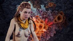 1girls aloy bare_breasts bare_nipples breasts female female_only game_screenshot ginger_hair green_eyes horizon_forbidden_west horizon_zero_dawn looking_at_viewer medium_breasts necklace nude_female nude_mod pierced_nipples smiling smiling_at_viewer upper_body