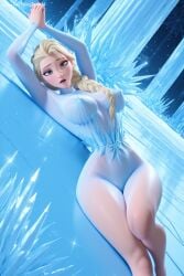1girl ai_generated arms_up blonde_hair blue_eyes braid breasts elsa_(frozen) hair_over_shoulder hi_res high_quality high_resolution large_breasts long_hair looking_at_viewer patreon seductive see-through sexy single_braid solo spicytoonai swimsuit thighs uncensored watermark