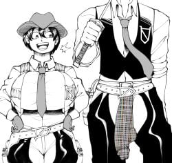 2026 andy_(undead_unluck) black_and_white canon_couple censored_penis cock_shock cowboy cowgirl hands_on_hips hanging_balls hanging_penis huge_breasts huge_cock izumo_fuuko larger_male looking_at_penis short_hair size_difference smaller_female srjrgart sword tie undead_unluck