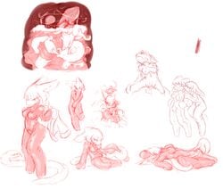 anthro breasts covering covering_crotch duo female lying mammal monochrome multiple_poses pose red_and_white simple_background sketch solo sorrynothing standing tentacle