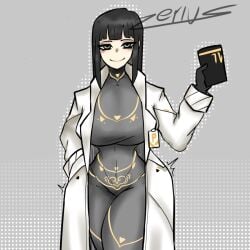 1girls artist_name black_hair bodysuit breasts busty cesara_(limbus_company) female female_only green_eyes hand_in_pocket huge_breasts labcoat limbus_company long_hair looking_at_viewer project_moon smile solo thick_thighs wide_hips zerius_z