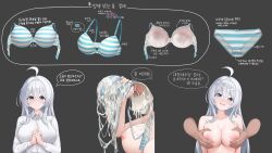 1boy 1girl absurdres ahoge arrow_(symbol) blue_eyes blush bra bra_on_penis breasts bukkake closed_mouth commission cum cum_on_clothes disembodied_hand grabbing_another's_breast groping handjob hetero highres incredibly_absurdres interlocked_fingers karurega korean_text large_breasts long_hair long_sleeves looking_at_viewer multiple_views nipples open_mouth original own_hands_clasped own_hands_together panties penis second-party_source shirt speech_bubble striped_bra striped_clothes striped_panties translation_request underwear unworn_bra unworn_panties white_hair white_shirt
