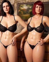 2girls abs ai_assisted big_breasts black_bra black_panties bra breasts brown_hair cait_(fallout) female game_screenshot hands_on_hips light-skinned_female light_skin lingerie looking_at_viewer mature_female medium_hair milf nora_(fallout_4) posing posing_for_the_viewer red_hair thong wife