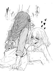 2girls bang_dream! bang_dream!_it's_mygo!!!!! breasts closed_mouth commentary cum cum_on_body cum_on_breasts facial futa_with_female futanari glasses greyscale highres large_breasts long_hair medium_hair misumi_uika monochrome multiple_girls paizuri pankoryo sidelocks simple_background togawa_sakiko twintails untranslatable_commentary white_background