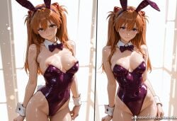1girl ai_generated animal_ears asuka_langley_sohryu bangs bare_shoulders blue_eyes blush bow bowtie breasts cleavage closed_mouth covered_navel cowboy_shot detached_collar fake_animal_ears hair_between_eyes hairband kermixx leotard long_hair looking_at_viewer medium_breasts multiple_views neon_genesis_evangelion nipple_slip nipples orange_hair playboy_bunny purple_bow purple_bowtie rabbit_ears rabbit_tail shiny shiny_clothes shiny_skin tail wrist_cuffs