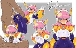 1boy 1girl1boy 1girls blue_eyes cum cum_inside cum_on_face dark-skinned_male dark_skin faceless_male grabbing grabbing_from_behind grabbing_legs gt_animates licking licking_fingers looking_at_viewer looking_back mechanical mega_man_x minerva moaning multicolored_body pink_hair robot_girl slobber sucking sucking_penis