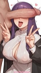 1boy 1girl 2026 ai_generated artist_name big_breasts big_chest big_tits boobs breasts bust busty chest clothed_female_nude_male cock covered_nipples dick erection fern_(sousou_no_frieren) foreskin frieren_beyond_journey's_end hetero hi_res high_quality highres huge_penis large_breasts large_penis large_testicles long_hair mosaic_censoring patreon patreon_username penis penis_awe penis_on_face pinkname poking precum purple_hair sousou_no_frieren testicle_grab testicles tits tongue tongue_out trembling twitching_penis uncensored v veins veiny_penis w watermark
