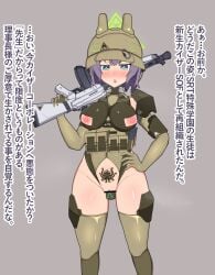 1girl ainagi alternate_costume alternate_halo assault_rifle bar_censor blue_archive blue_eyes blush breasts censored chestnut_mouth commentary_request corruption elbow_gloves gloves green_thighhighs grey_background gun halo hand_on_own_hip helmet holding holding_gun holding_weapon kaiser_pmc_(blue_archive) lahti-saloranta_m/26 leotard light_machine_gun looking_at_viewer machine_gun nipple_cutout nipples nose_blush open_mouth over_shoulder pubic_tattoo purple_hair pussy rifle saki_(blue_archive) short_hair simple_background solo tattoo thighhighs triangle_mouth weapon weapon_over_shoulder