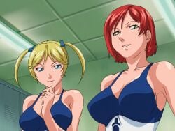 2girls bangs bible_black bible_black_only blonde_hair blue_eyes blue_swimsuit breasts breasts_out competition_swimsuit curvaceous curvy curvy_figure embarrassed erect_nipples erect_nipples_under_clothes faithful_to_the_anime female female_focus female_only from_above hair_ribbon highleg_swimsuit indoors kobayashi_shinobu lips locker_room long_hair looking_at_viewer mikimoto nipples one-piece_swimsuit pinup raised_leg red_hair school_swimsuit shiny_skin short_hair skindentation smile standing take_your_pick teenage_female teenager twintails two_side_up upper_body white_skin wide_hips