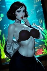 1girl ai_assisted ai_generated big_breasts bioshock bioshock_infinite black_hair black_nails bra covered_breasts elizabeth_comstock elizabeth_comstock_(burial_at_sea) long_nails pale_skin partly_clothed rousherte self_upload smoking solo solo_female tagme variant_set