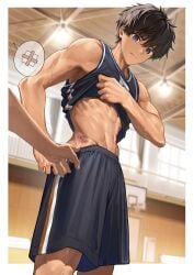 2boys abs baseball_uniform blue_eyes brown_hair bruise clothes_lift duo gay hi_res injured low-angle_view male male/male male_only mature_male muscles muscular muscular_arms muscular_male nayoshi_(r-744) no_visible_genitalia original original_character short_hair six_pack slim_waist standing sweat sweatdrop tanktop yaoi young