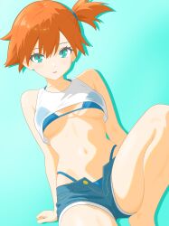 1girl absurdres arm_support asymmetrical_hair bare_arms bare_shoulders barefoot bikini bikini_under_clothes blue_bikini blue_shorts breasts collarbone crop_top cropped_shirt denim denim_shorts eyelashes feet green_eyes hair_between_eyes highleg highleg_bikini highres kasumi_(pokemon) knee_up leaning_back looking_at_viewer majikichi915 medium_breasts misty_(pokemon) navel nintendo open_clothes open_fly open_mouth open_shorts orange_hair parted_lips pokemon pokemon_red/green/blue/yellow ponytail see-through_clothes shirt short_hair short_shorts shorts side_ponytail sitting sleeveless sleeveless_shirt solo swimsuit swimsuit_under_clothes teeth underboob unzipped white_shirt zipper