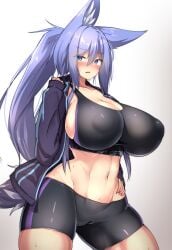 annoyed blush cameltoe cleavage covered_erect_nipples curvy huge_breasts indigo_(tylwing) jacket looking_to_the_side open_jacket original original_character round_breasts short_shorts sideboob skin_tight sports_bra steam sweat sweaty thick_thighs tylwing voluptuous wide_hips