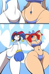 2026 2girls adorable adorasexy b_and_p_(body_types) big_ass big_breasts bikini breasts brown_hair button_eye casual commission cute doll_girl female female_only flat_n_thick jester jester_hat navel oboithisisfunky pomni_(beach_outfit) pomni_(the_amazing_digital_circus) ragatha_(beach_outfit) ragatha_(the_amazing_digital_circus) red_eyes red_hair swimsuit tagme the_amazing_digital_circus thick_thighs thick_thights walking wide_hips