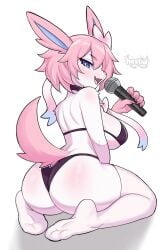 2026 anthro art back background belly big bikini bottomwear breasts butt button clothes digital ears eeveelution eyelashes female fictional fluff fur hair hestid hips kneeling legwear looking mammal microphone midriff nintendo pokemon rear simple solo species stockings swimsuit sylveon tail thighs topwear view white wide