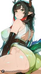 1girl ai_generated arknights arknights:_endfield artist_name ass bangs bare_shoulders belt black_gloves black_hair breasts cameltoe closed_mouth covered_nipples dragon_girl dragon_horns dragon_tail dress elbow_gloves from_behind gloves green_eyes green_hair horns large_breasts leotard long_hair looking_at_viewer looking_back multicolored_hair patreon pointy_ears questionable red_hair senpai_pixels simple_background sitting solo tail thighs two-tone_hair wet wet_clothes white_background white_dress zhuang_fangyi_(arknights) zhuang_fangyi_(arknights:_endfield)