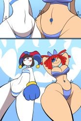 2026 2girls adorable adorasexy alternate_version_available b_and_p_(body_types) big_ass big_breasts bikini breasts brown_hair button_eye casual commission cute doll_girl female female_only flat_n_thick jester jester_hat navel oboithisisfunky pomni_(beach_outfit) pomni_(the_amazing_digital_circus) ragatha_(beach_outfit) ragatha_(the_amazing_digital_circus) red_eyes red_hair swimsuit tagme the_amazing_digital_circus thick_thighs thick_thights walking wide_hips
