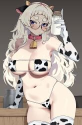 1girls animal_ears animal_print bell bikini blush bottle breasts commentary cow_ears cow_horns cow_print cow_print_bikini cow_print_gloves cow_print_thighhighs elbow_gloves fake_animal_ears fake_horns glasses gloves highres holding holding_bottle horns large_breasts long_hair meg_(wakamepiza) milk_bottle navel neck_bell original print_bikini print_gloves print_thighhighs purple_eyes solo stomach swimsuit thick_thighs thighhighs thighs wakamepiza white_hair