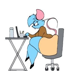 1boy 1girls animated anthro ass blue_fur blue_hair breasts buckteeth buttcrush buttcrush_aftermath desk english_text female female_focus female_only furry giantess hips hyper hyper_ass laptop large_ass large_breasts larger_female legs_crossed macro macro_female mia_mouse mouse niutrolly rat rodent rodent_humanoid sitting sitting_down sitting_on_person skirt smaller_male stuck_between_ass stuck_in_ass sweaty sweaty_ass text thick_thighs thighs wide_hips