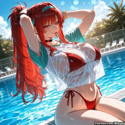 1girl ai_assisted ai_generated bangs beach bikini blue_sky blush bracelet breasts curvaceous curvy curvy_female curvy_figure day eyebrows_visible_through_hair female goddess_of_victory:_nikke huge_breasts jewelry large_breasts long_hair looking_at_viewer miyuai navel ocean outdoors palm_tree pool poolside rapi_(nikke) red_bikini red_eyes red_hair see-through shirt side-tie_bikini sky smile solo swimsuit thick thick_ass thick_butt thick_hips thick_legs thick_thighs thighs tree voluptuous voluptuous_female water wet wet_clothes wide_hips wide_thighs