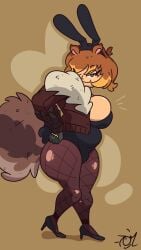 1girls artist_signature bb_happyhour boobs breasts bunny_ears bunny_tail eyelashes fingerless_gloves fishnet_stockings fishnets gloves green_eyes jacket kemonomimi leotard long_sleeves playboy_bunny short_hair sideboob simple_background squirrel_ears squirrel_girl_(marvel) squirrel_girl_(marvel_rivals) squirrel_tail stockings