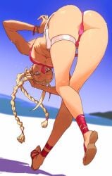 ass ass_focus bikini cammy_white chilicayenne2d legs long_hair looking_at_viewer looking_back looking_back_at_viewer pink_bikini street_fighter thigh_strap thong thong_bikini twintails underboob