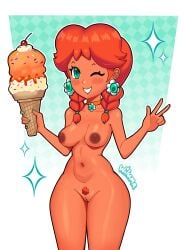 1girls alternate_version_available areolae bare_hips blush bottomless braid breasts breasts_out brown_hair brown_pubic_hair choker ear_piercing earrings exposed_breasts female female_only flower_earrings freckles freckles_on_face freckles_on_shoulders green_eyes green_nail_polish green_nails hair hips holding_object ice_cream ice_cream_cone mario_(series) medium_breasts nail_polish nails naked naked_female neckwear nintendo nipples nude nude_female one_eye_closed peace_sign princess_daisy pubes pubic_hair pussy smile solo solo_female sparkles thighs topless vagina wiluma wink winking