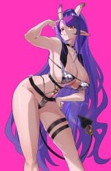 1girl 1girls ass big_breasts bikini black_bikini breasts captain_hannah cleavage commentary daaku_(koizumi_arata) demon_tail english_commentary facial_mark female heart heart_facial_mark highres horn_ornament horn_ring horns huge_breasts indie_virtual_youtuber long_hair oni pink_background pointy_ears purple_hair red_eyes skin-covered_horns skull_and_crossbones skull_print solo standing swimsuit tail thigh_strap thighs tits very_long_hair virtual_youtuber vtuber