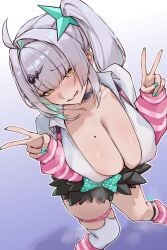 1girls big_breasts breasts breasts_out colored_nails cosplay e.c.ho embarrassed embarrassed_female exposed_breasts female large_breasts long_hair long_nails mole mole_on_breast painted_nails sunna_(zenless_zone_zero)_(cosplay) teal_nails too_old_for_this white_hair yellow_eyes yixuan_(zenless_zone_zero) zenless_zone_zero