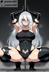 1girl a2_(nier:automata) ai_generated android armpits arms_up artist_name bare_shoulders black_gloves black_shorts black_thighhighs blue_eyes breasts closed_mouth clothing collarbone crack elbow_gloves female gloves hair_between_eyes jennieart02 joints large_breasts legwear long_hair looking_at_viewer mole mole_under_mouth patreon patreon_logo patreon_username pole pole_dancing robot_joints shorts skindentation solo spread_legs squatting steaming_body stripper_pole sweat thick_thighs thighhighs thighs tiptoes torn_clothes torn_gloves torn_thighhighs twitter twitter_username watermark web_address white_hair